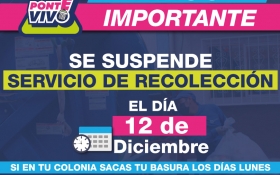 Se suspenderá recolección de residuos el 12 de diciembre